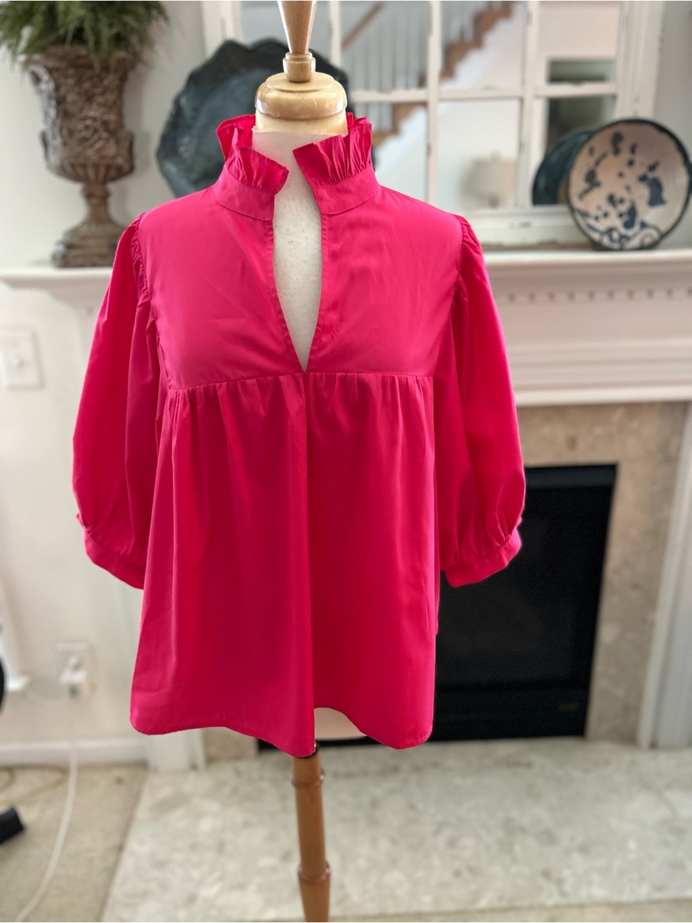 Jade Hot Pink Ruffle Stand Collar Popover Blouse - Picture 4 of 9